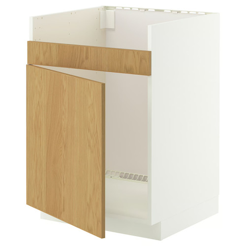 METOD Base cab f HAVSEN single bowl sink, white/Sinarp oak veneer, 60x60 cm