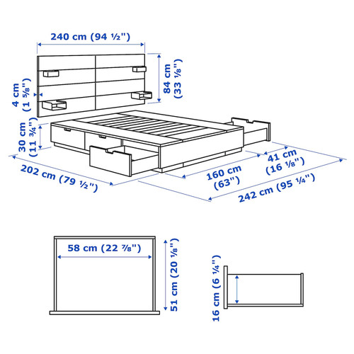 NORDLI Bed frame w storage and headboard, white, 160x200 cm
