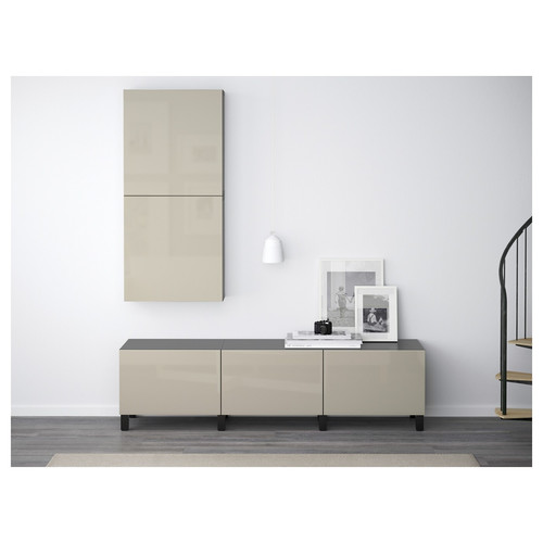 BESTÅ Storage combination with drawers, black-brown, Selsviken high-gloss beige, 180x40x48 cm