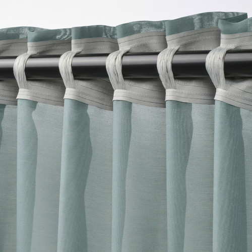 STENFRÖ Sheer curtains, 1 pair, turquoise/with heading tape, 145x300 cm