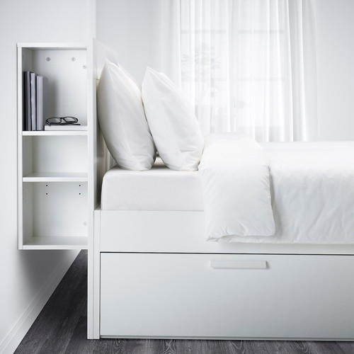 BRIMNES Bed frame w storage and headboard, white, Leirsund, 180x200 cm