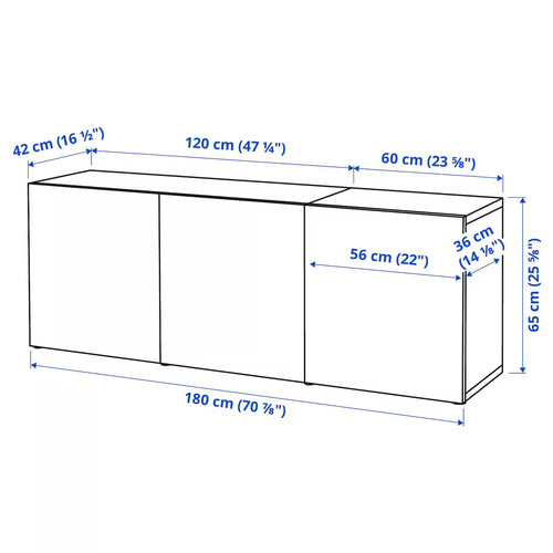 BESTÅ Storage combination with doors, white stained oak effect/Selsviken high-gloss/white, 180x42x65 cm