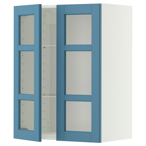 METOD Wall cabinet w shelves/2 glass drs, white/Lerhyttan blue, 60x80 cm