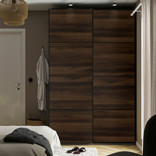 MEHAMN Pair of sliding doors, black/double sided dark brown oak effect, 150x236 cm