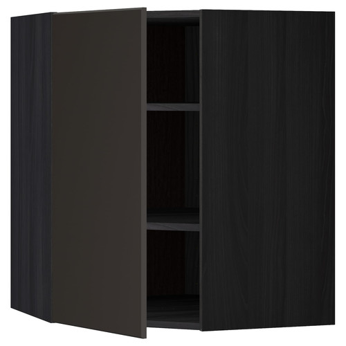 METOD Corner wall cabinet with shelves, wood effect black, Kungsbacka anthracite, 68x80 cm