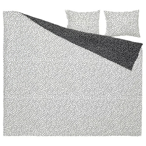 BJÖRKGRÅMAL Duvet cover and 2 pillowcases, black white/dotted, 200x200/50x60 cm