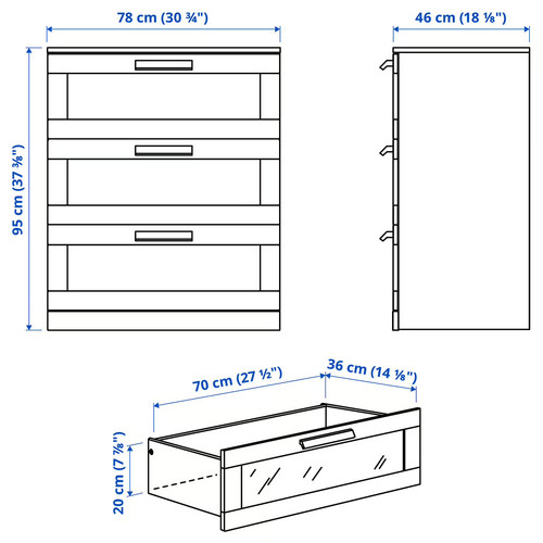 BRIMNES Chest of Drawers, 3 drawers, white/frosted glass, 78x95 cm