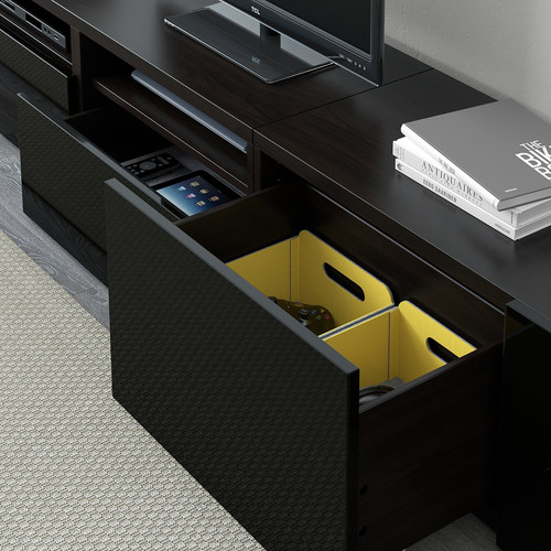 BESTÅ TV storage combination/glass doors, black-brown/Selsviken high-gloss/black smoked glass, 240x42x231 cm