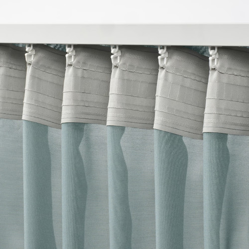 STENFRÖ Sheer curtains, 1 pair, turquoise/with heading tape, 145x300 cm