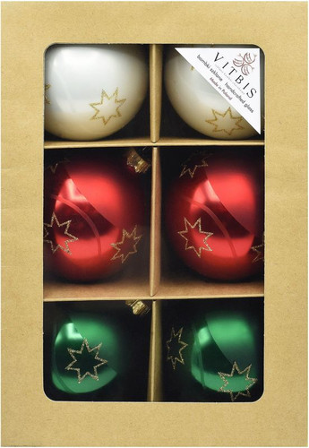 Glass Christmas Bauble Ornaments with Stars, 8 cm, Pack of 6