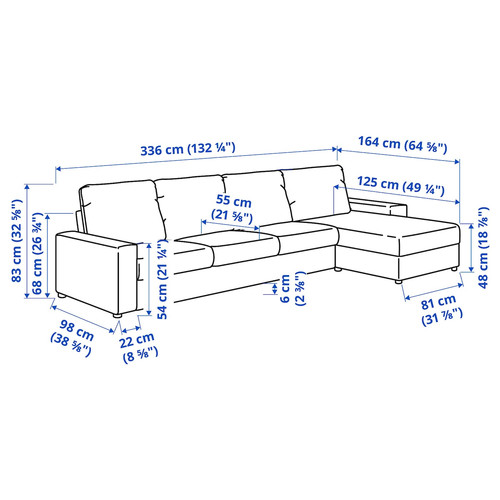 VIMLE 4-seat sofa with chaise longue, with wide armrests/Saxemara black-blue