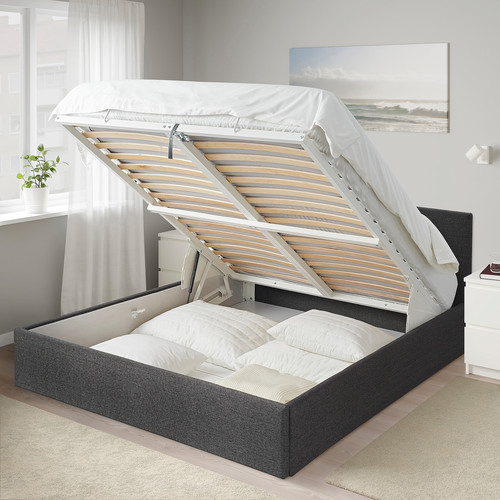 BJORBEKK Bed with storage, grey, 160x200 cm
