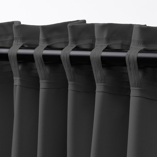 KORGMOTT Block-out curtains, 1 pair, dark grey/with heading tape, 145x300 cm