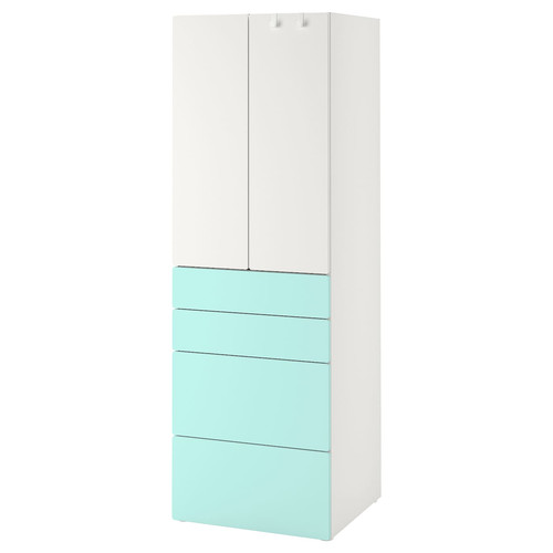SMÅSTAD / PLATSA Wardrobe, white pale turquoise/with 4 drawers, 60x57x181 cm