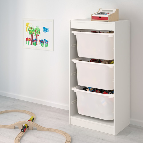 TROFAST Storage combination with boxes, white/white pink, 46x30x94 cm