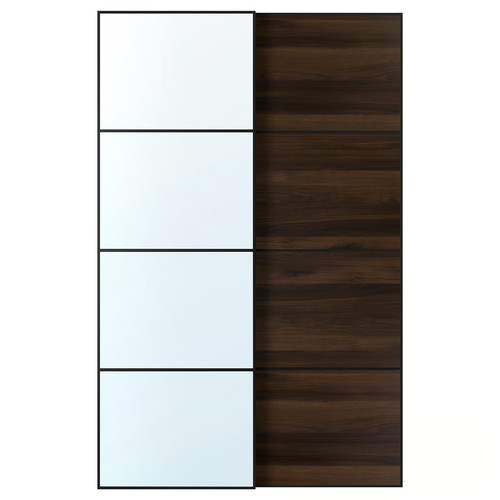 AULI / MEHAMN Pair of sliding doors, black mirror glass/double sided dark brown oak effect, 150x236 cm