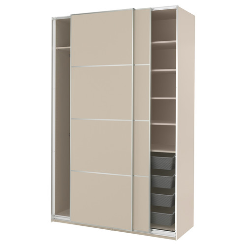 PAX / MEHAMN Wardrobe with sliding doors, grey-beige/double sided grey-beige, 150x66x236 cm