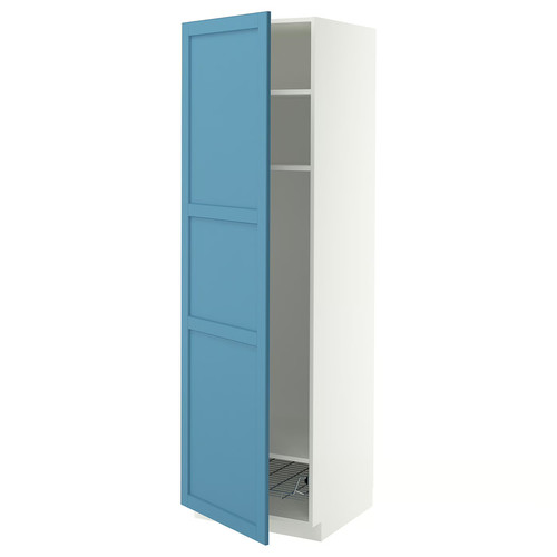 METOD High cabinet w shelves/wire basket, white/Lerhyttan blue, 60x60x200 cm