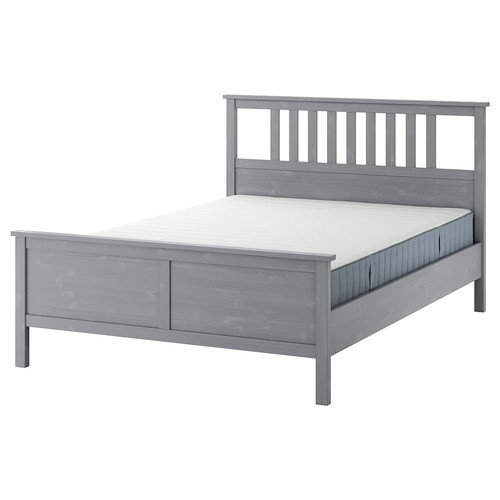 HEMNES Bed frame with mattress, grey stained/Valevåg hard, 140x200 cm