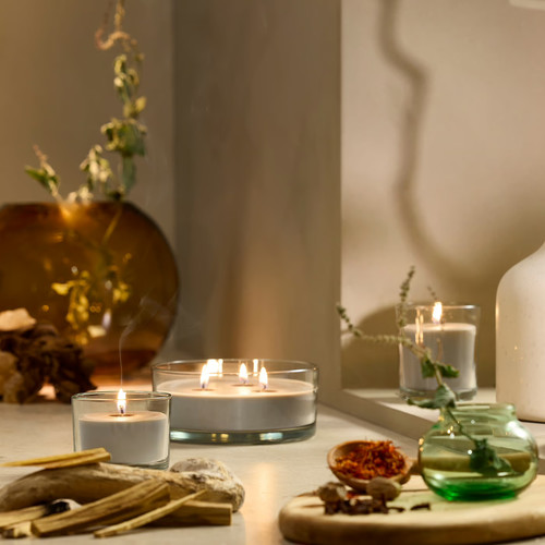 LOTSFÅGEL Scented candle in glass, 3 wicks, Sandalwood & patchouli brown, 25 hr