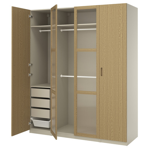 PAX / TONSTAD Wardrobe combination, grey-beige/oak veneer glass, 200x60x236 cm