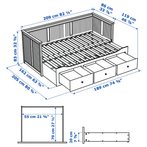 HEMNES Day-bed w 3 drawers/2 mattresses, grey-green/Ågotnes firm, 80x200 cm