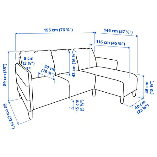 ANGERSBY 3-seat sofa, with chaise longue/Knisa light grey