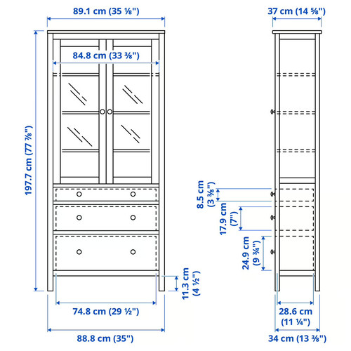 HEMNES Glass-door cabinet with 3 drawers, grey-green/light brown stained, 90x197 cm