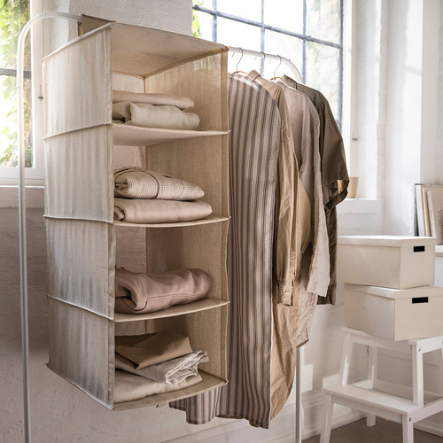 RÅGODLING Hanging storage w 4 compartments, textile/beige, 36x45x92 cm