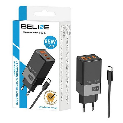 Beline Wall Charger EU Plug 65W GaN 2xUSB-C +USB-A + USB-C Cable, black