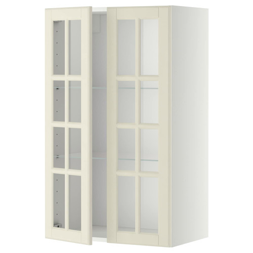 METOD Wall cabinet w shelves/2 glass drs, white/Bodbyn off-white, 60x100 cm