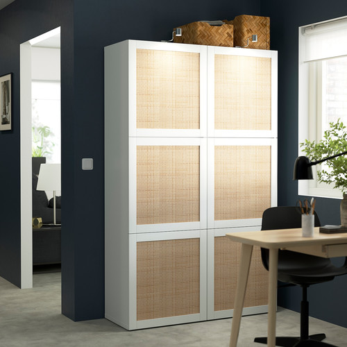 BESTÅ Storage combination with doors, white Studsviken/white woven poplar, 120x42x193 cm