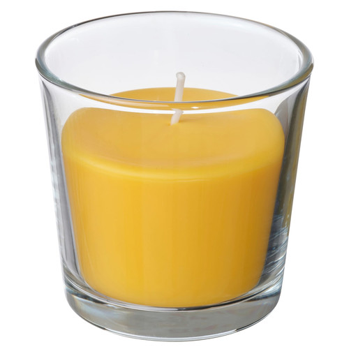 SVARTOXBÄR Scented candle in glass, Mimosa/yellow, 25 hr