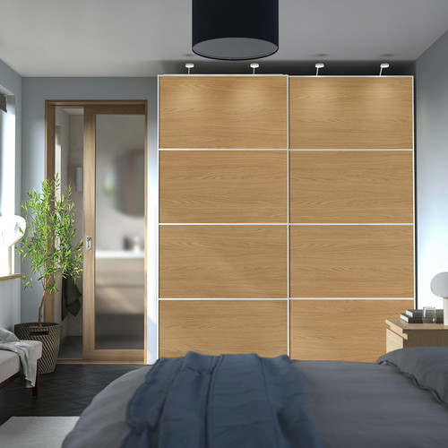 MEHAMN Pair of sliding doors, white/double sided oak effect, 200x236 cm