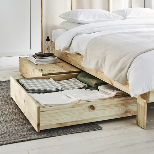 GLAMBERGET Bed frame with storage and mattress, pine/Åkrehamn firm, 160x200 cm