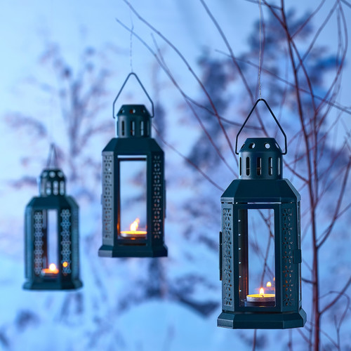 ENRUM Lantern for tealight, in/outdoor, black-blue, 22 cm