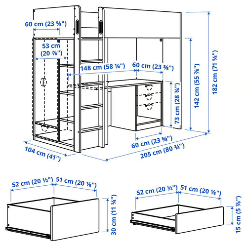 SMÅSTAD Loft bed, white lilac/with desk with 4 drawers, 90x200 cm