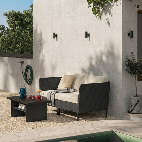 VITTSKÄR 2-seat modular sofa, armrests outdoor/plastic rattan dark grey Frösön/Duvholmen beige