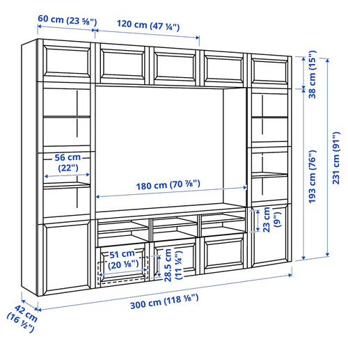 BESTÅ TV storage combination/glass doors, white Sutterviken/Sindvik white clear glass, 300x42x231 cm