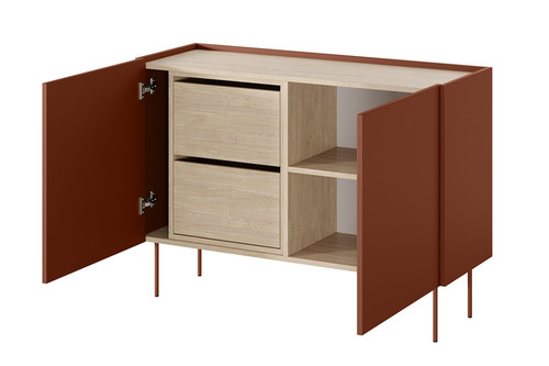 Two-Door Cabinet with Drawers Desin 120, ceramic red/nagano oak
