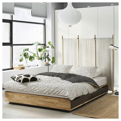 MANDAL Bed frame with storage, birch/grey, 140x200 cm