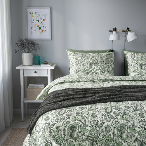 RODGERSIA Duvet cover and pillowcase, green/white, 150x200/50x60 cm
