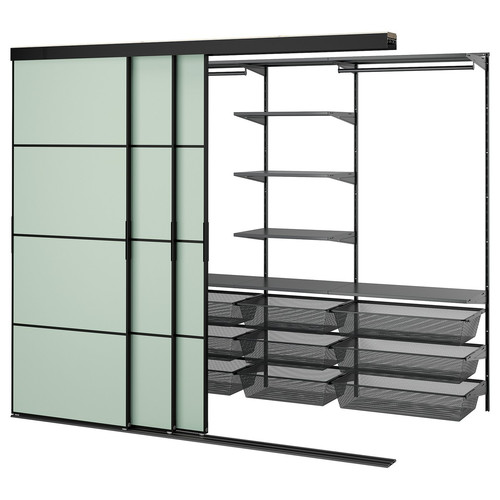 SKYTTA / BOAXEL Walk-in wardrobe with sliding doors, black anthracite/Mehamn light green, 251x115x205 cm