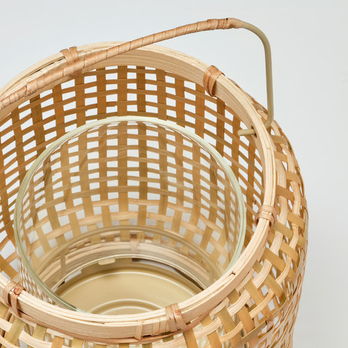 PÅVEFINK Lantern for pillar candle, bamboo, 25 cm
