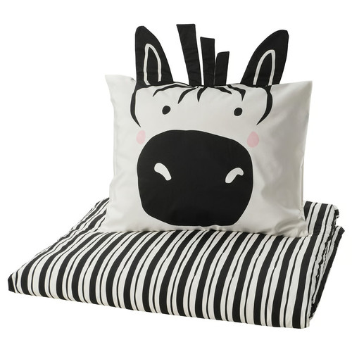 NATTHÄGER Duvet cover and pillowcase, black white/zebra, 150x200/50x60 cm
