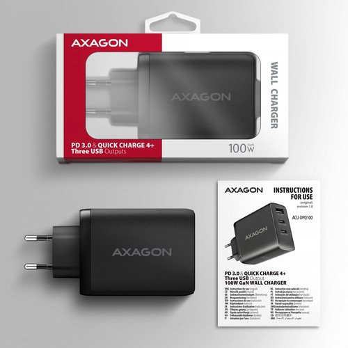 AXAGON Wall Charger EU Plug ACU-DPQ100 GaN 3xport 100W, black