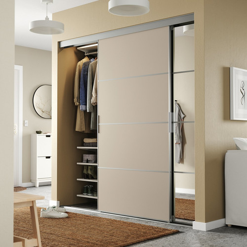 SKYTTA / BOAXEL Reach-in wardrobe with sliding door, aluminium Mehamn/Auli/grey-beige mirror glass, 177x65x205 cm