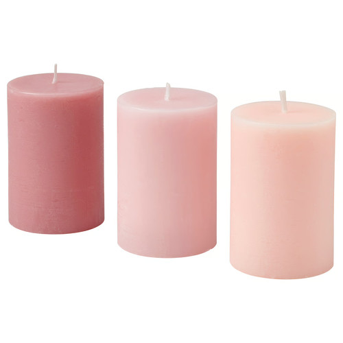 LOTSFÅGEL Scented pillar candle, Pink flowers pink, 30 hr, 3-pack