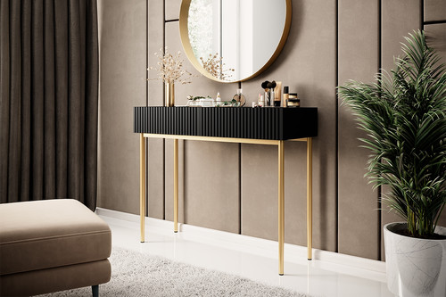 Modern Console Table Dresser Dressing Table Nicole, matt black, gold legs