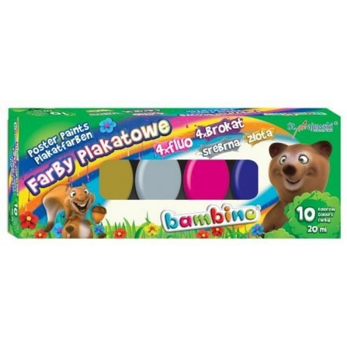Bambino Poster Paints 10 Colours x 20ml (4x Fluo, 4x Glitter, Silver & Gold)